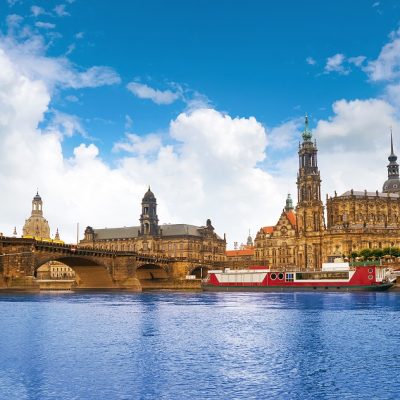 Dresden skyline and Elbe river in Saxony Germany Dresden skyline reflecion in Elbe river in Saxony of Germany